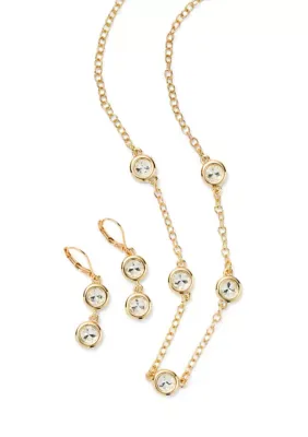 Crystal Bezel Station Necklace and Double Drop Earrings Set