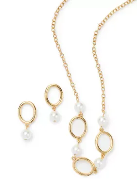 Oval Pearl Drop Earrings with Pearl Oval Link Frontal Necklace Set by Crown & Ivy