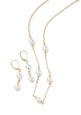 Double Pearl Drop Earrings and Pearl Station Necklace Set by Crown & Ivy