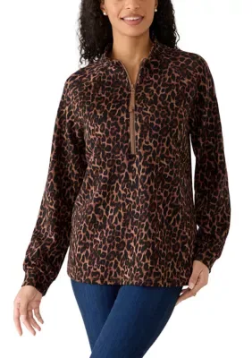 Long Sleeve Mock Neck 1/2 Zip Print Top by Kim Rogers