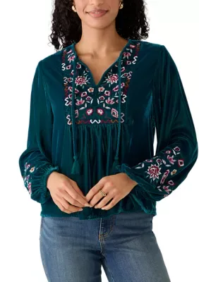 Long Sleeve Embroidered Velvet Top by Wonderly