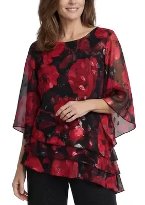3/4 Sleeve Asymmetric Hem Printed Blouse by Alex Evenings