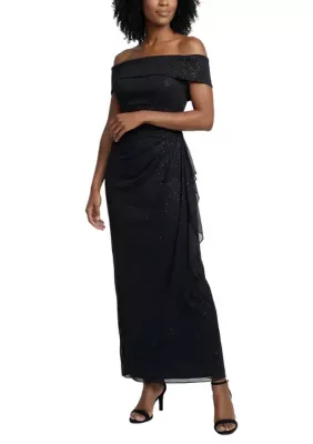 Off the Shoulder Glitter Mesh Dress by Alex Evenings