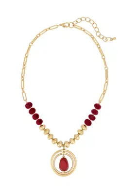 Crimson Velvet Beaded Orbital Pendant Necklace 18 In by Wonderly