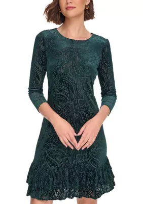 3/4 Sleeve Burnout Velvet A-Line Dress