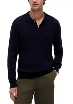 Classic Cotton Cable Long Sleeve Polo Shirt by Tommy Hilfiger