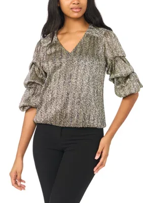 Tiered Sleeve V-Neck Crinkle Blouse by Ivy Road