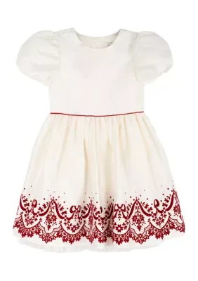 Puff Sleeve Satin Flocked Dress by Rare Editions