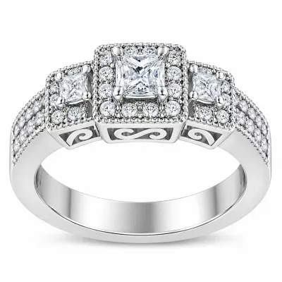 14K White Gold Round and Princess-Cut 1.0 Cttw Diamond Three Stone Ring (H-I Color, I1-I2 Clarity) by Haus of Brilliance