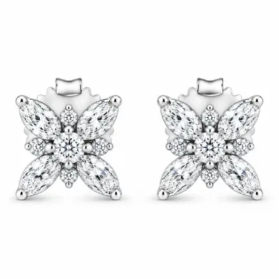14K White Gold Marquise Diamond Flower Stud Earring (1.00 Cttw, H-I Color, SI1-SI2 Clarity) by Haus of Brilliance