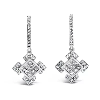10K White Gold Princess and Round Diamond Geometric Composite Dangle Earrings by Haus of Brilliance