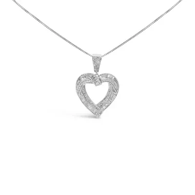 925 Sterling Silver 1.00 Cttw Baguette and Round Diamond Open Heart Pendant Necklace, 18 In by Haus of Brilliance
