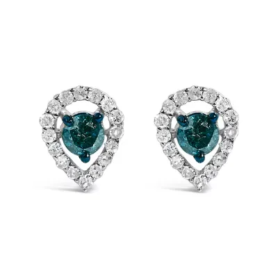 Sterling Silver 1/2 Cttw Blue and White Diamond Pear Shape Halo Stud Earrings by Haus of Brilliance