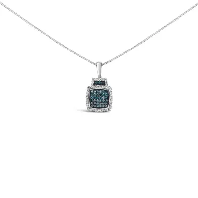 925 Sterling Silver 1/2 Cttw Blue Diamond with White Diamond Halo Block Pendant Necklace, 18 In by Haus of Brilliance
