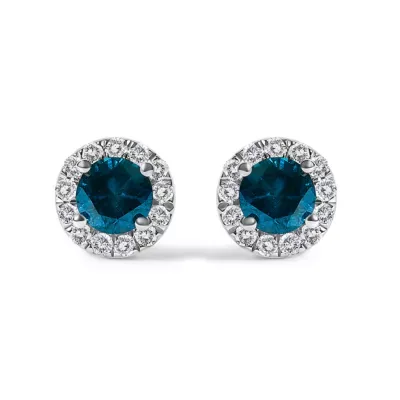 925 Sterling Silver 1.00 Cttw Blue Diamond Halo Stud Earring by Haus of Brilliance