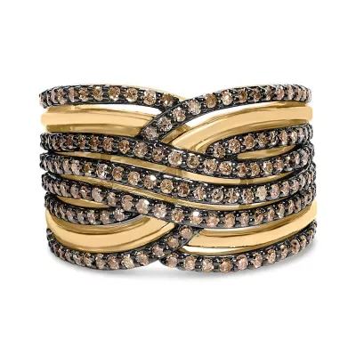 10K Yellow Gold Plated.925 Sterling Silver 1.0 Cttw Champagne Diamond Multi Row Cross Over Band Ring by Haus of Brilliance