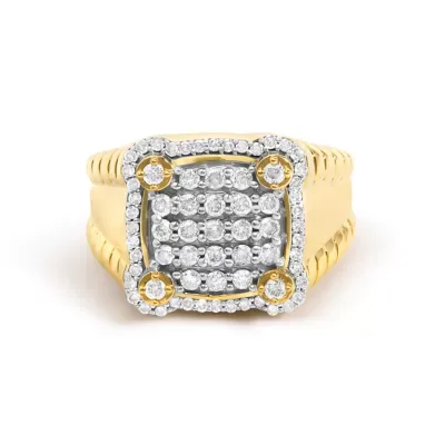14K Yellow Gold Plated Sterling Silver 1.0 Cttw Diamond Square Motif Band Ring by Haus of Brilliance