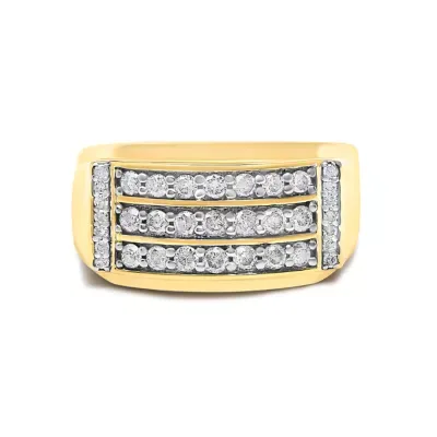 14K Yellow Gold Plated Sterling Silver 3/4 Cttw Diamond 3 Row Band Ring by Haus of Brilliance