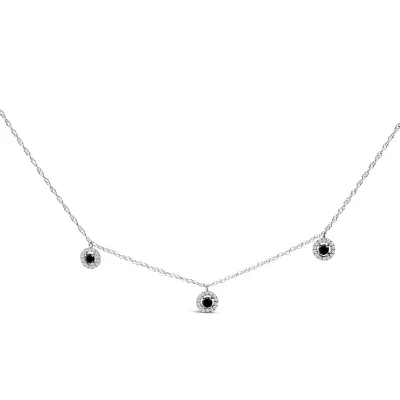 925 Sterling Silver 5/8 Cttw Black Diamond 3 Station with Halo Necklace, 18 In by Haus of Brilliance