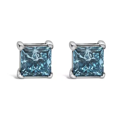 Lab Created 14K White Gold 1.0 Cttw Princess Cut Lab Grown Blue Diamond Solitaire Stud Earrings by Haus of Brilliance