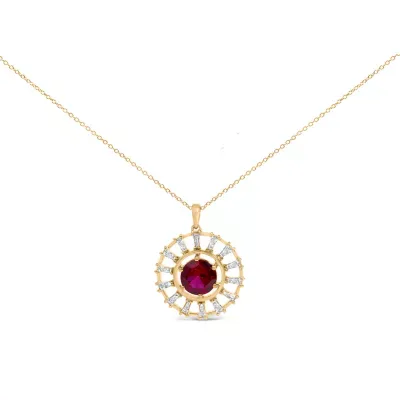 Lab Created 14K Yellow Gold Plated Silver Lab Grown Ruby and 5/8 Cttw Baguette Diamond Medallion Pendant Necklace, 18 In by Haus of Brilliance