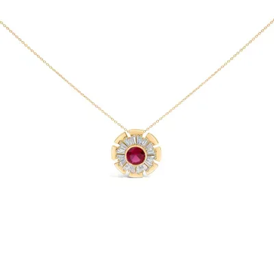 Lab Created 14K Yellow Gold Plated Silver Created Red Ruby and Diamond Baguette Medallion Pendant Necklace, 18 In by Haus of Brilliance