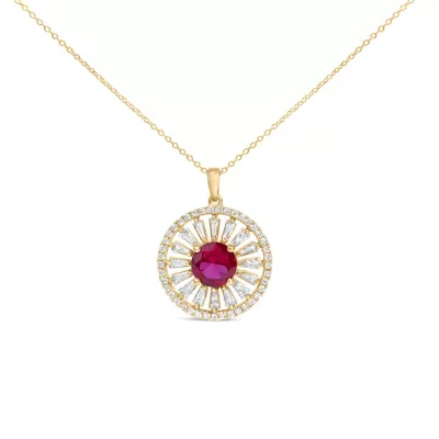 Lab Created 14K Yellow Gold Plated Sterling Silver Lab Grown Ruby and Diamond Sunburst Medallion Pendant Necklace, 18 In by Haus of Brilliance