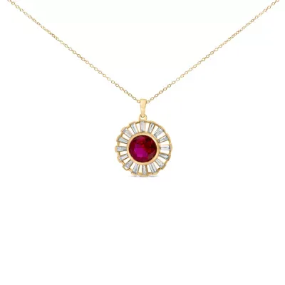 Lab Created 14K Yellow Gold Plated Silver Created Red Ruby and Baguette Diamond Sunburst Medallion Pendant Necklace, 18 In by Haus of Brilliance