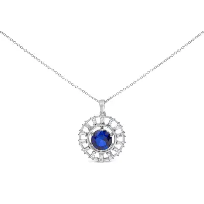 Lab Created Sterling Silver Lab Grown Sapphire and 3/5 Cttw Baguette Diamond Medallion Pendant Necklace, 18 In by Haus of Brilliance
