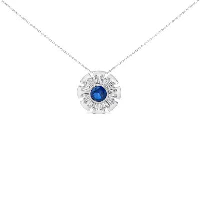 Lab Created Sterling Silver Lab Grown Blue Sapphire and 1 1/5 Cttw Diamond Sunburst Pendant Necklace, 18 In