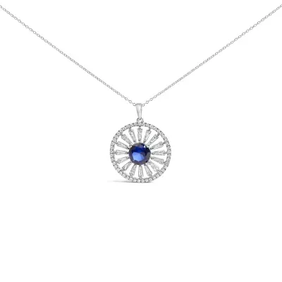 Lab Created Sterling Silver Lab Grown Sapphire and 1.0 Cttw Baguette Diamond Medallion Pendant Necklace, 18 In