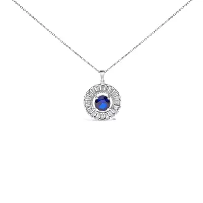 Lab Created Sterling Silver Lab Grown Sapphire and Baguette Diamond Medallion Pendant Necklace, 18 In by Haus of Brilliance