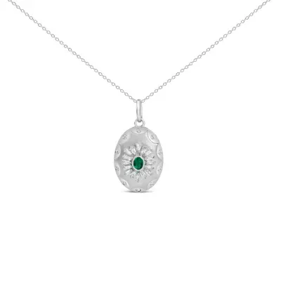Lab Created Sterling Silver Lab Grown Emerald and Diamond Sunburst Medallion Pendant Necklace, 18 In