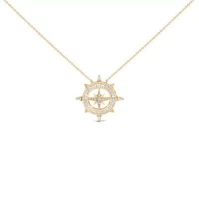 14K Yellow Gold Plated Sterling Silver 1.0 Cttw Diamond Compass Pendant Necklace, 18 In