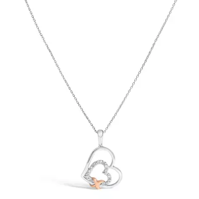 925 Sterling Silver Double Heart Pendant Necklace with Diamond and 10K Rose Gold Accent, 18 In by Haus of Brilliance