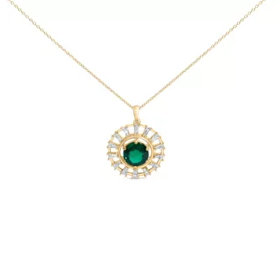 Lab Created 14KT Yellow Gold Plated.925 Sterling Silver Lab Grown Emerald and Baguette Diamond Medallion Pendant Necklace, 18 In by Haus of Brilliance