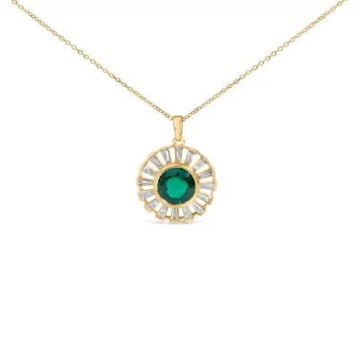 Lab Created 14K Yellow Gold Plated Sterling Silver Lab Grown Emerald and Baguette Diamond Sunburst Medallion Pendant Necklace, 18 by Haus of Brilliance