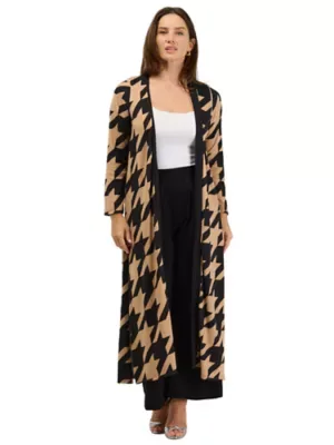 Essential Geometric Houndstooth Open Front Soft Stretch Long Cardigan by 24seven Comfort Apparel
