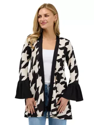 Essential Geometric Houndstooth Soft Stretch Bell Sleeve Open Front Jacket by 24seven Comfort Apparel