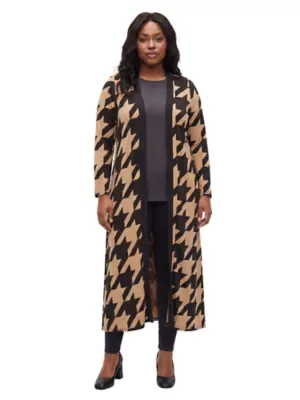Essential Geometric Houndstooth Open Front Soft Stretch Long Cardigan by 24seven Comfort Apparel