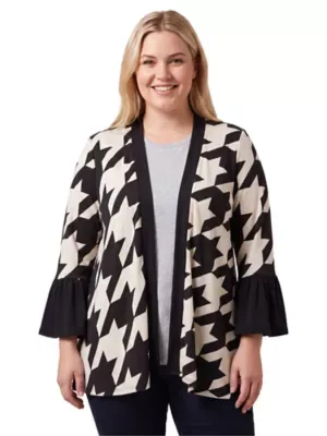 Essential Geometric Houndstooth Soft Stretch Bell Sleeve Open Front Jacket by 24seven Comfort Apparel