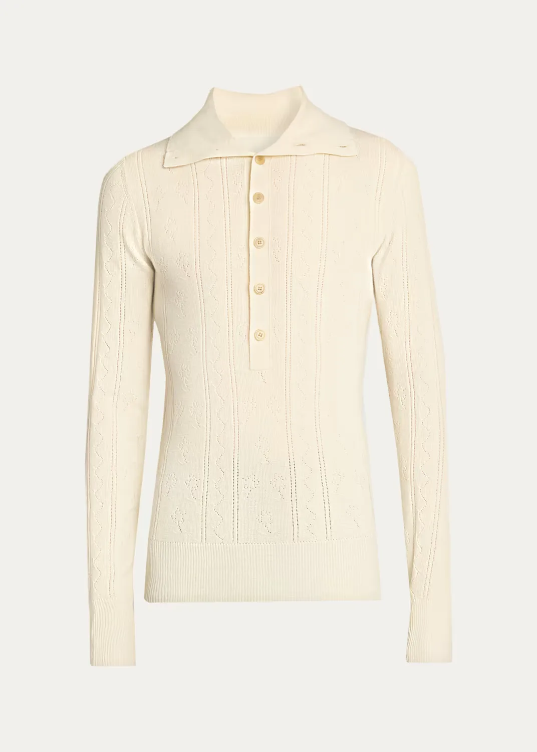 Fine Wool and Cotton Pointelle Polo Sweater