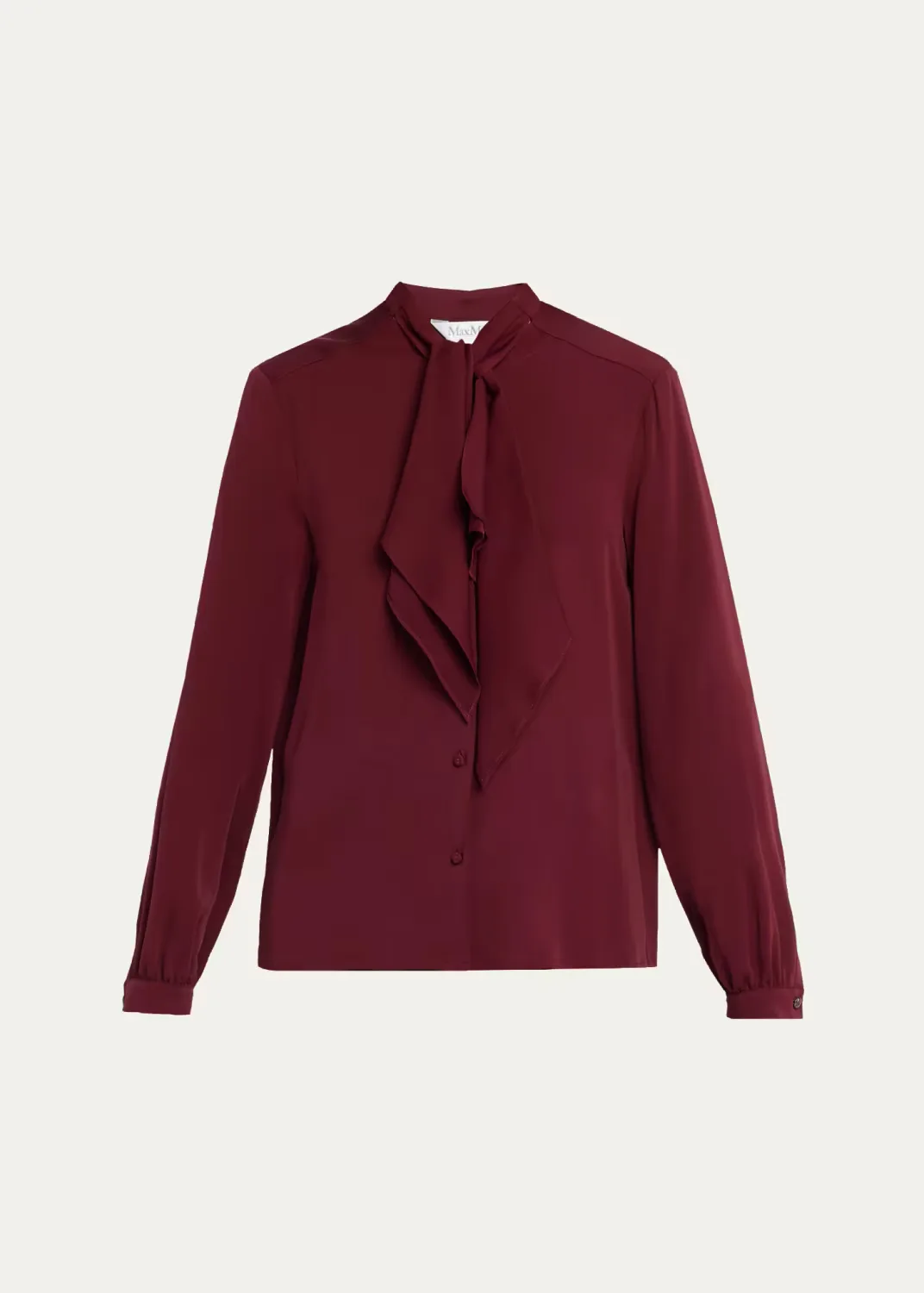 Silk Charmeuse Scarf-Neck Button-Down Blouse