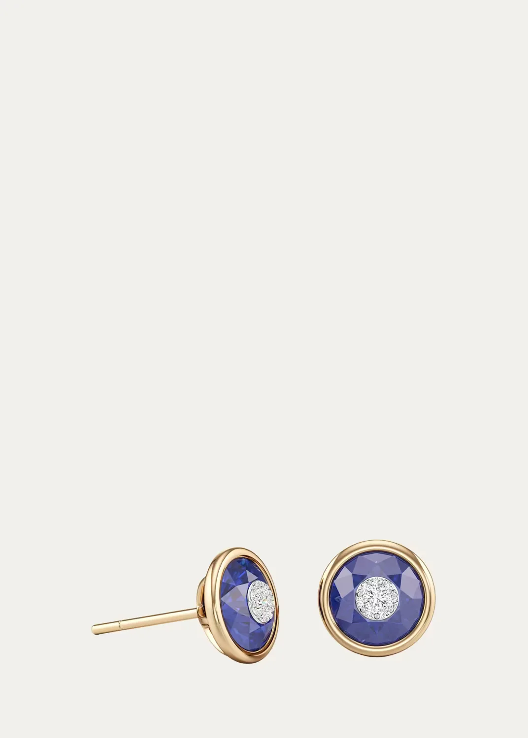18K Yellow Gold 7mm Diamond and Blue Sapphire Stud Earrings
