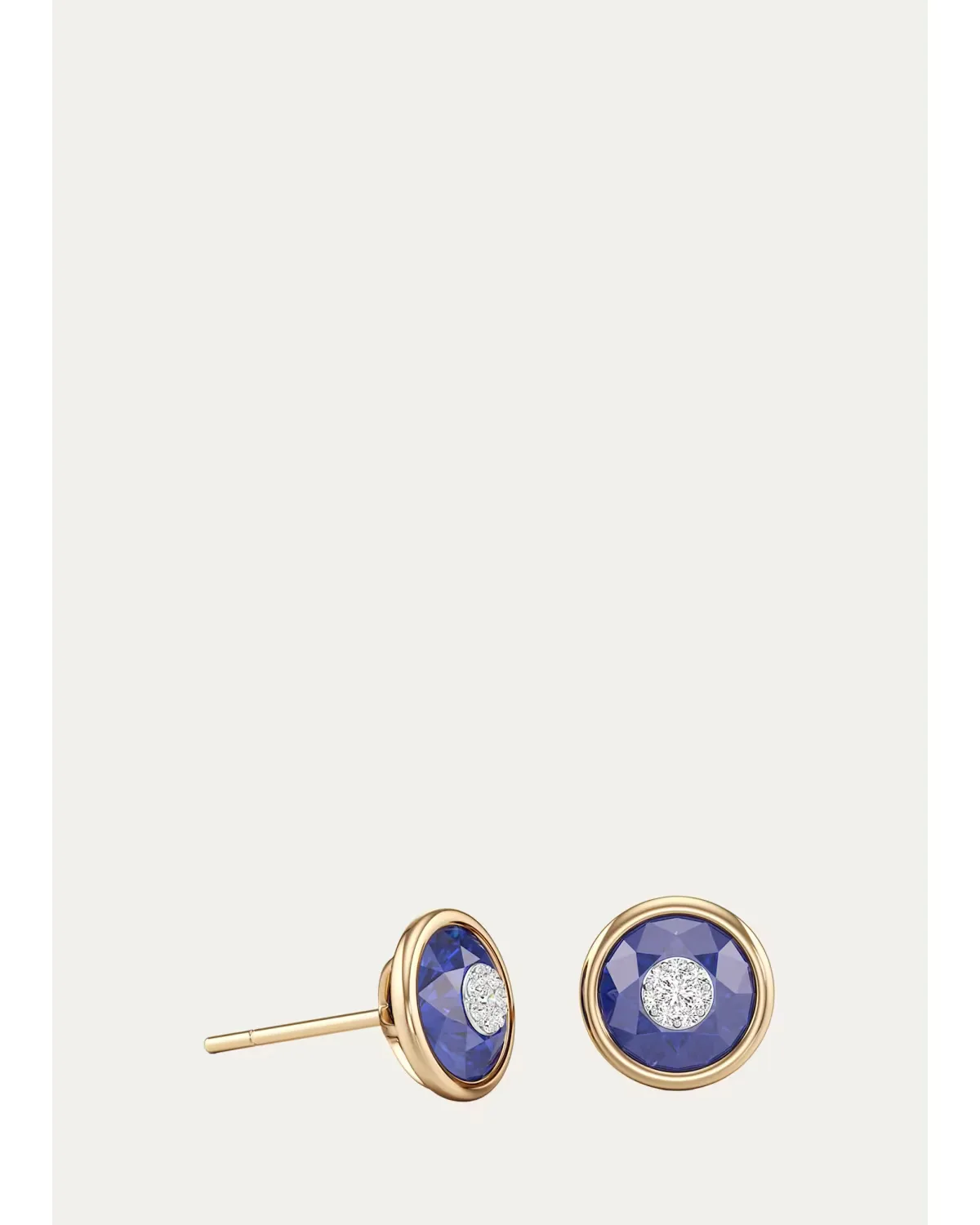 18K Yellow Gold 7mm Diamond and Blue Sapphire Stud Earrings by Bhansali