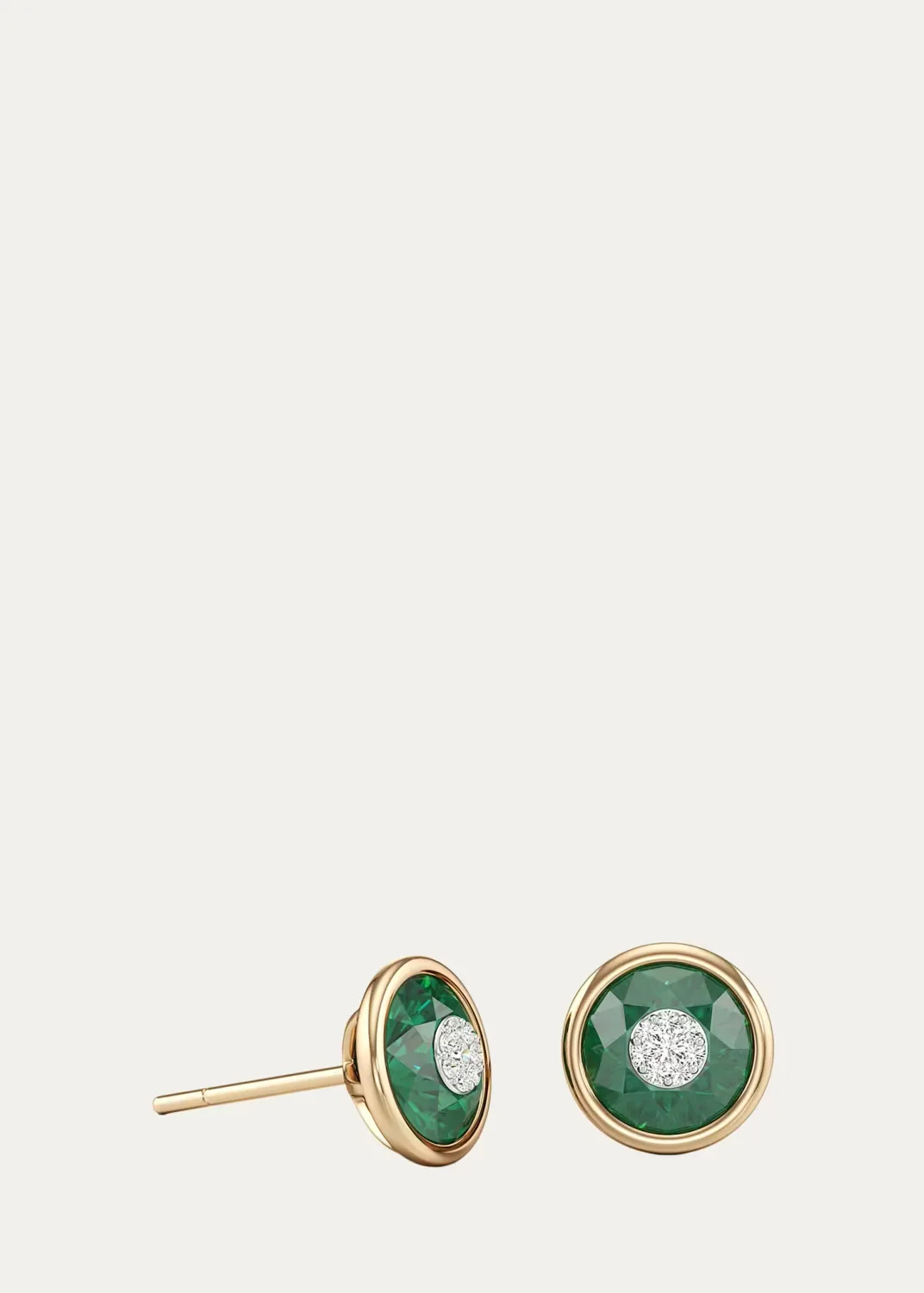 18K Yellow Gold 7mm Diamond and Emerald Stud Earrings