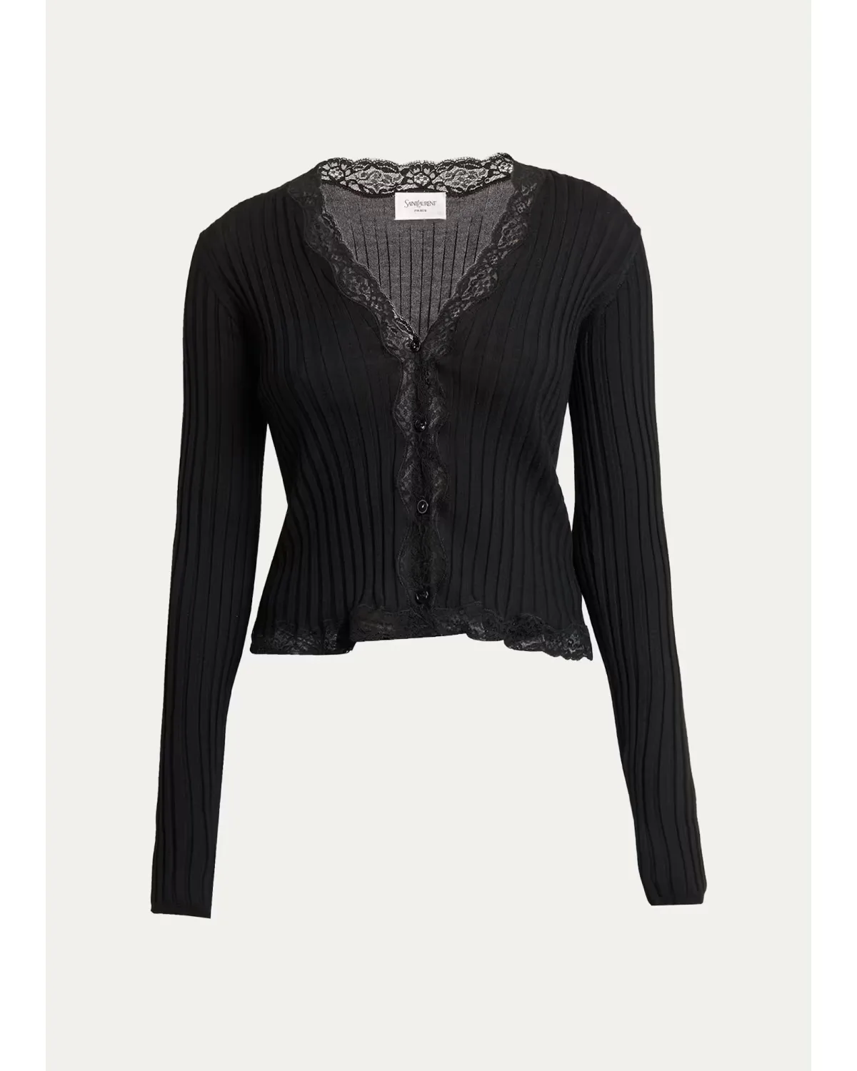 Lace-Trim Cashmere-Wool Rib Buttoned Top by Saint Laurent