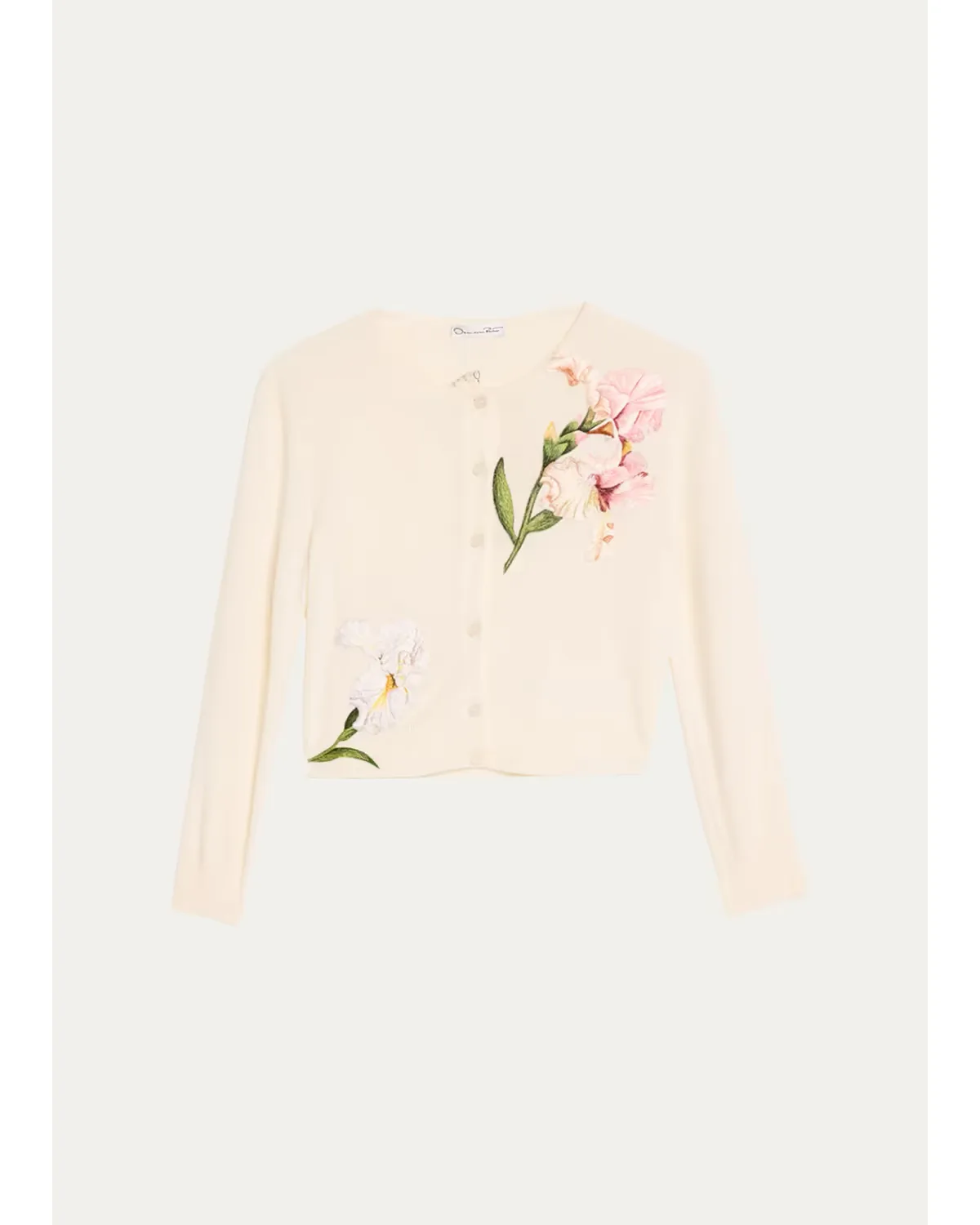 Watercolor Iris Embroidered Crop Crewneck Cardigan by Oscar de la Renta