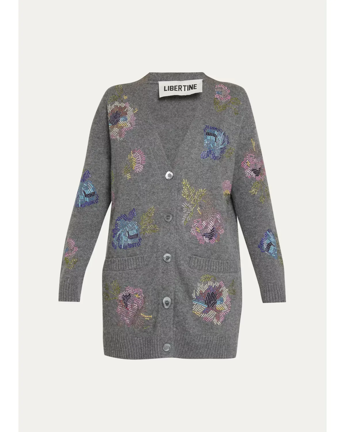 Mosaic Floral Embellished Cashmere V-Neck Cardigan by Libertine