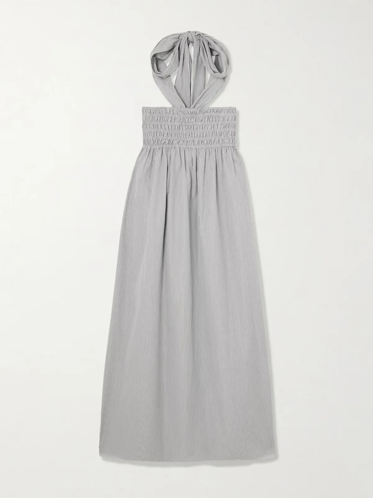 - Smocked Pinstriped Poplin Halterneck Midi Dress -